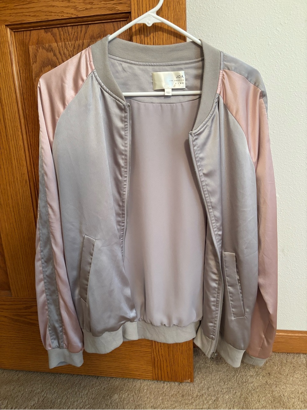 J.O.A. Pink and Light Gray Satin Bomber Jacket